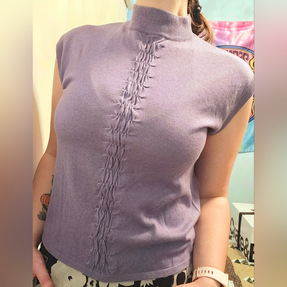 Y2K Purple Votre Nom Silk Mock Neck Sleeveless Knit Top